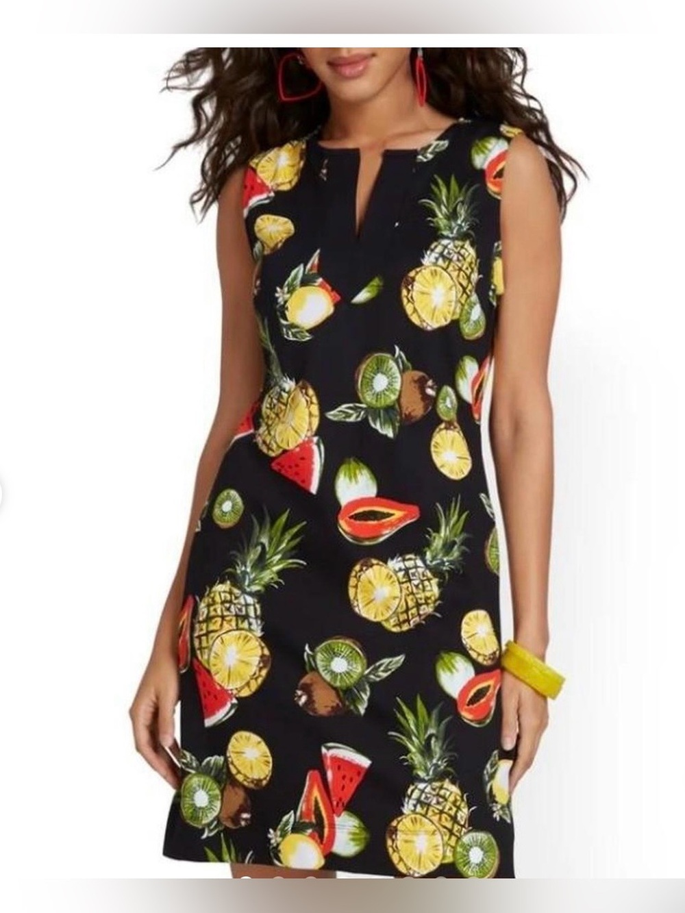 New York & Company Black Tropical Fruit Print Mini Dress